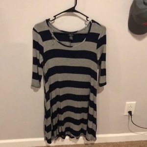 Navy blue and grey striped dress.